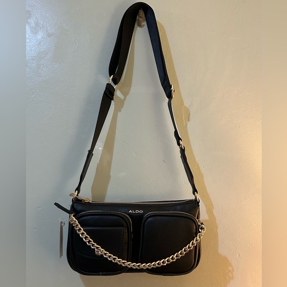 Aldo Small Black Leather Crossbody With Gold Chain Accents. Brand New With Tags. - Picture 2 of 8